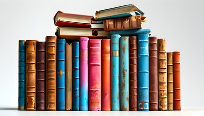 Wall Mural - Vibrant Collection of Antique Books Displayed Against a White Background