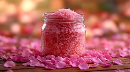 Pink Himalayan salt in a glass jar with rose petals scattered around it on a wooden surface.