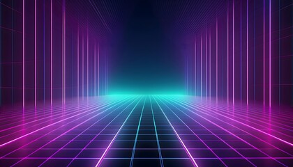 Wall Mural - Futuristic neon geometric grid with highlights background