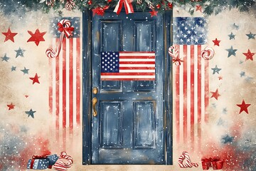 Wall Mural - American Flag Wreath on a Door