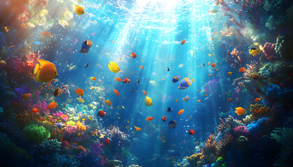 A dreamy underwater scene with schools of colorful fish, corals, and rays of sunlight penetrating through the water’s surface