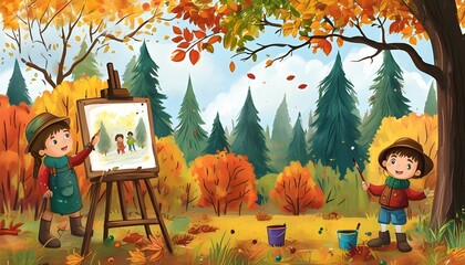 Wall Mural - Charming autumn park scene featuring a childs drawing amidst a colorful forest backdrop