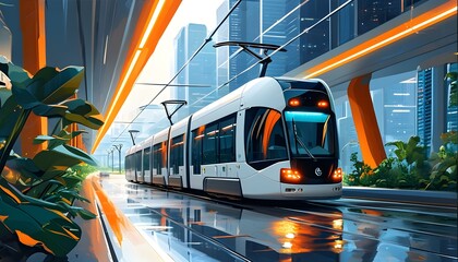 Wall Mural - Futuristic Electric Vehicle Charging Station with New Energy Tram and Advanced Technology Elements