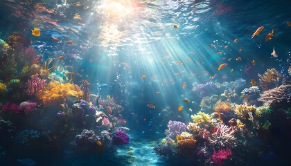 A dreamy underwater scene with schools of colorful fish, corals, and rays of sunlight penetrating through the water’s surface