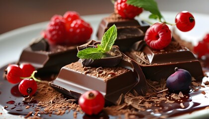 Decadent chocolate delight adorned with an array of vibrant berries and luscious red fruits for Chocolate World Day celebration