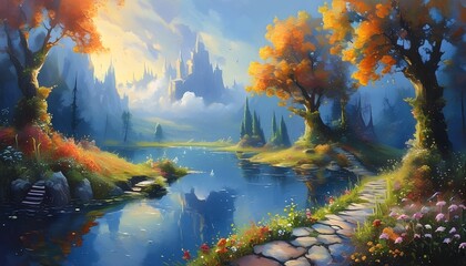 Enchanted dreamscape with whimsical oil painting aesthetics in a fantastical fairy tale setting