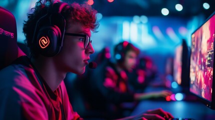 Poster - A focused gamer in headphones, surrounded by colorful lighting, deeply engaged in competitive gaming on a modern computer setup.