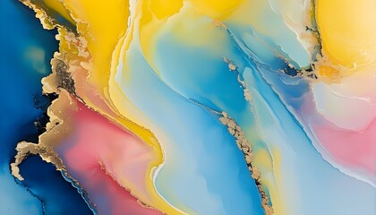 Mesmerizing Abstract Fluid Art with Sunny Yellow, Cool Blue, and Soft Pink Hues