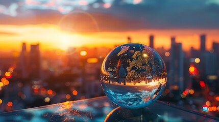 Wall Mural - Glass globe sits on a ledge overlooking a city skyline at sunset. The globe reflects the cityscape, creating a mesmerizing scene.