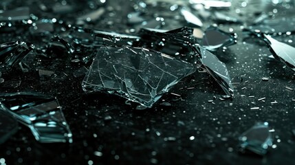 Wall Mural - Shards of broken glass scattered on a dark surface, with sharp edges highlighted