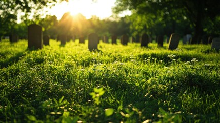 Wall Mural - A serene cemetery scene featuring gravestones surrounded by lush green grass and soft sunlight filtering through trees.