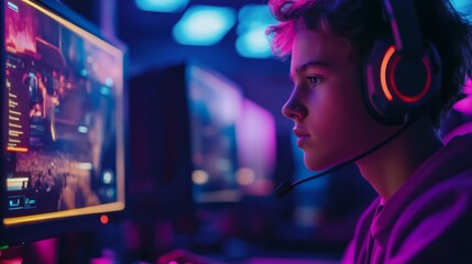 Poster - A focused young gamer wearing headphones plays a video game, illuminated by colorful lights in a tech-savvy setting.