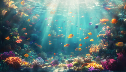 A dreamy underwater scene with schools of colorful fish, corals, and rays of sunlight penetrating through the water’s surface