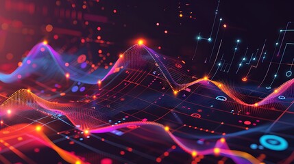 Wall Mural - abstract digital landscape with neon waves, lines and glow effect.