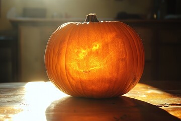 Sticker - A Single Illuminated Pumpkin on a Wooden Table