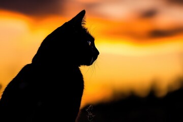 Poster - Silhouette of a Black Cat Against a Sunset Sky