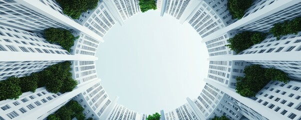 Aerial view of towering buildings surrounding a circular space, interspersed with greenery, showcasing a blend of urban architecture and nature, Eco and sustainable concept.