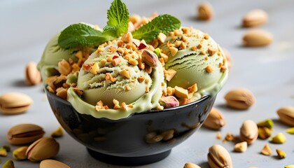 Elegant pistachio ice cream scoop with nut pieces highlighting indulgent dessert delight