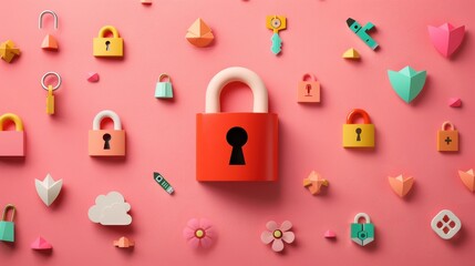 Wall Mural - a collage of various cybersecurity icons and symbols, including padlocks, shields, and digital locks