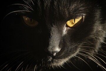 Wall Mural - Close-up of a Black Cat's Face with Bright Yellow Eyes