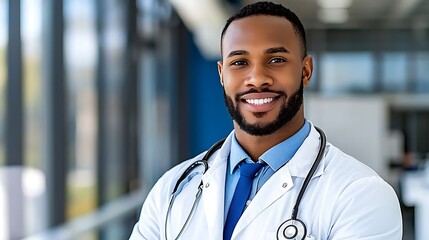 A smiling African American doctor stands confidently, stethoscope ready for care.