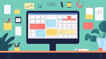 Smart project management tools for remote teams, flat design, top view, tech productivity theme, animation, Split-complementary color scheme