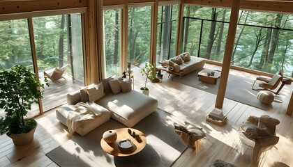 Elegant Scandinavian-inspired loft living room with natural wood accents and a lush indoor tree, bathed in natural light and showcasing open-plan design