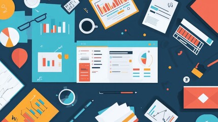 Smart project management tools for remote teams, flat design, top view, tech productivity theme, animation, Split-complementary color scheme