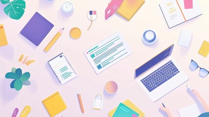 Smart project management tools for remote teams, flat design, top view, tech productivity theme, animation, Split-complementary color scheme