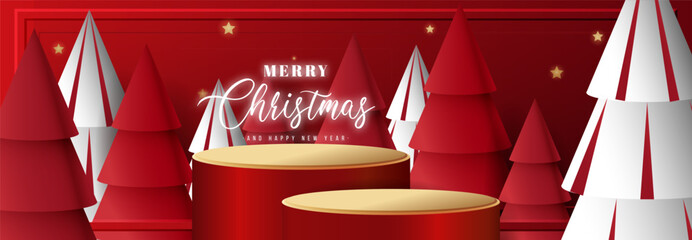 Poster - Festive Christmas Scene with a cylindrical podium for promotions. Red and White Christmas Trees