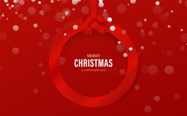 Poster - Minimalistic Red Christmas Greeting Card with Round Festive Ribbon