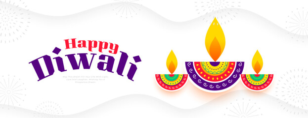 Wall Mural - happy diwali greeting white banner with artistic diya design