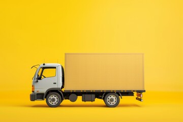 Big cardboard box package on a grey truck ready to be delivered on yellow background