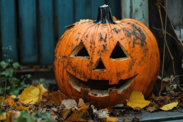 Poster - A Carved Pumpkin with a Grin and a Face of Autumn Leaves