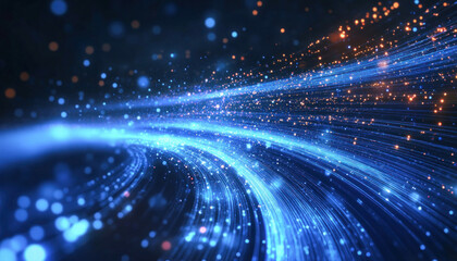 Wall Mural - blue and orange glitter particles flowing forming wavy lines