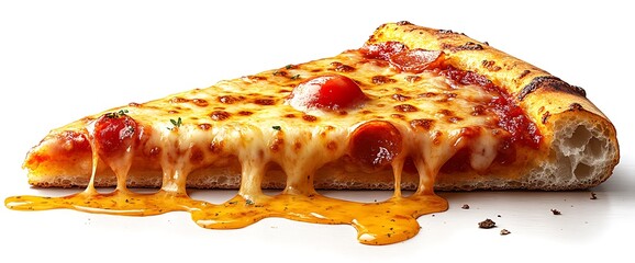 Single slice of melted pepperoni pizza with a tomato and cheese dripping onto a white surface.