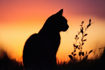 Wall Mural - Black Cat Silhouette Against a Vibrant Sunset Sky