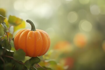 Sticker - A Single Pumpkin Resting on Green Foliage with a Blurred Background