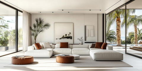 Wohnzimmer eines luxuriösen, minimalistischen, modernen Hauses, weiße Wände und helle Holzböden, ein modernes, elegantes Sofa mit Akzentkissen in Terrakotta, dezente Farbe