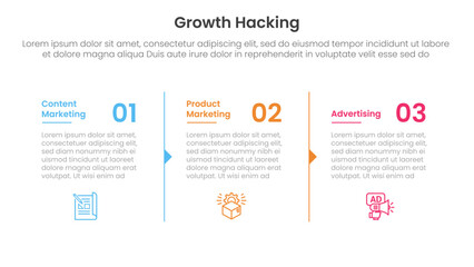 growth hacking infographic 3 point with column separation with arrow outline for slide presentation