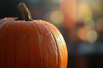 Sticker - A Close-Up of a Dew-Covered Pumpkin with a Blurred Background