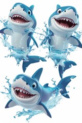 Set of 3D cute happy cartoon shark with splashing water, isolated on white background