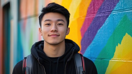 Young Asian male standing in front of a colorful mural, posing confidently and showing off his style.