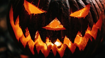 Close-up shot of a glowing jack-o-lantern with a sinister grin.