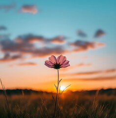 Wall Mural - single pink flower silhouetted against a sunset sky.