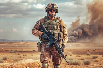 Wall Mural - Caucasian female soldier at the battlefield