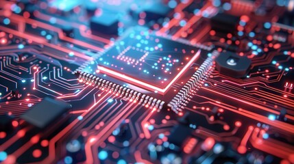 Wall Mural - A vibrant close-up of a microchip on a circuit board, featuring glowing pathways and intricate designs, showcasing modern technology.