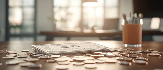 Celebrating Payday - Exciting 3D Rendering of Paycheck on Desk Surrounded by Scattered Coins