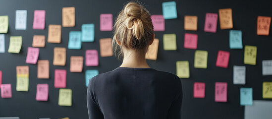 Back view of a thoughtful woman looking at sticky notes on wall in the office, a woman on the background of a wall of stickers, Creative brainstorming session with colorful sticky notes on glass. 