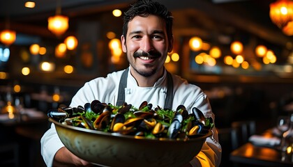 Cheerful male chef presenting a substantial bowl of fresh mussels in an inviting, softly lit restaurant ambiance